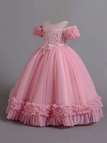 Young Girls Applique Ruffle Tulle Elegant Evening Dress, Suitable For Piano Recital, Party, Flower Girl, Does Not Include Headband