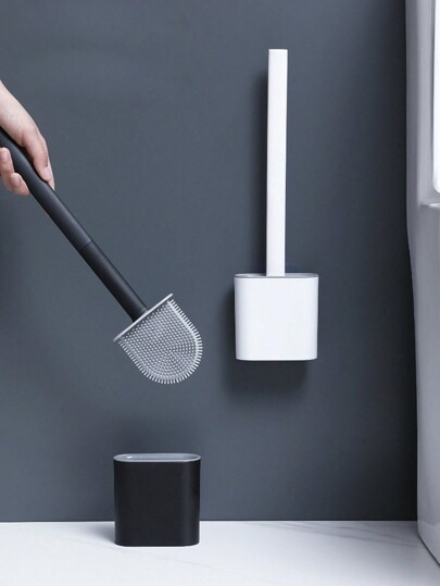 1set Wall Mounted Toilet Brush With Detachable Long Handle Silicone Cleaning Brush With Base, Bathroom Toilet Brush