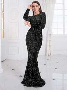 Romagic Damen schwarzes Samtkleid mit Pailletten, Boot-Ausschnitt, Langarm, Maxikleid für festliche Abendveranstaltungen, elegantes Hochzeitsgast Kleid - Schwarz - Übersicht 3