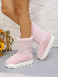 Plus Size Fashion Solid Color Winter Women Indoor Plush Slip-On Slippers Comfortable Warm Non-Slip Short Boots - Pink - View 5