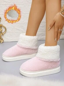 Plus Size Fashion Solid Color Winter Women Indoor Plush Slip-On Slippers Comfortable Warm Non-Slip Short Boots - Pink - View 2