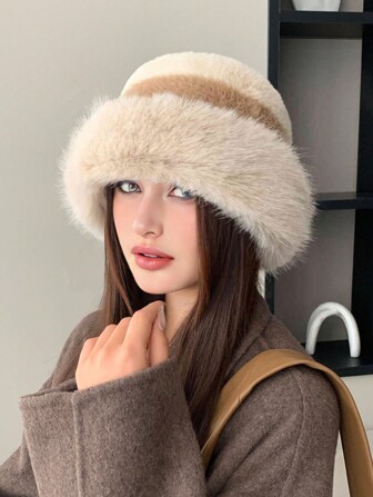 1pc Women's Colorblock Plush Bucket Hat, Warm Windproof Ear-Protector, Thick Knit Beanie Cap, Cute Influencer Style Casual Elegant Retro Streetwear Fashion Versatile, Suitable For Outdoor Walking, Skiing, Travel, Party, Daily Use Winter Fall Winter Outfits