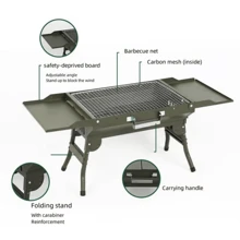 Foldable Portable Charcoal Grill With Portable Handle & Installation-Free Shelves, Barbecue Grill, Small Tabletop BBQ Grill For Outdoor Camping Cooking Travel Party - 軍綠色 - 查看 3