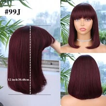 Krótkie Boby Proste Peruki Z Ludzkich Włosów Z Grzywką 99J Burgundowe Peruki Bob W Pełni Wykonane Maszynowo Brazylijskie Włosy Remy Bez Kleju Brak Koronki Długość Ramion Modne Peruki Bob Dla Czarnych/Białych Kobiet