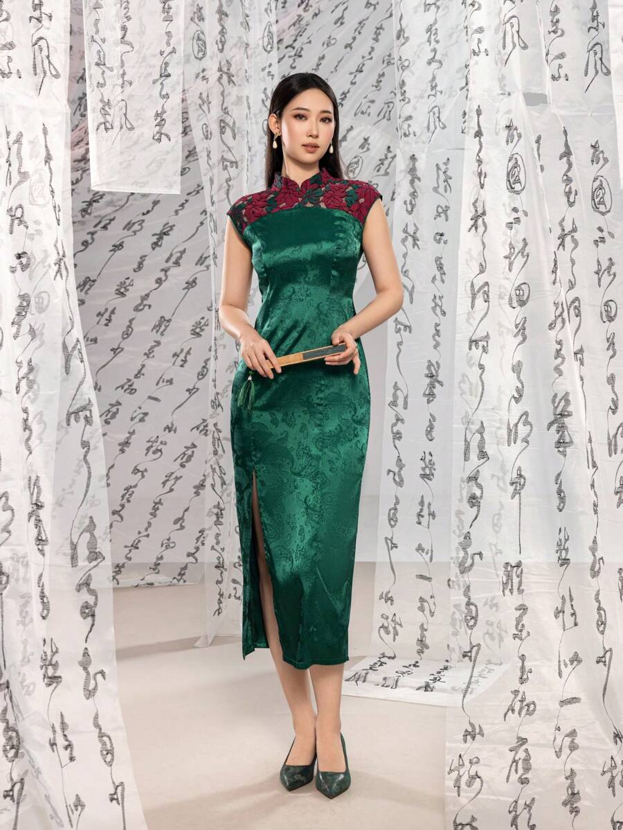 无袖蕾丝连接提花花卉图案开叉大腿新款中式旗袍旗袍连衣裙 - 墨綠色 - 查看 1