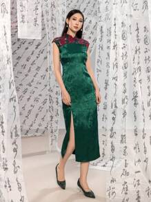 无袖蕾丝连接提花花卉图案开叉大腿新款中式旗袍旗袍连衣裙 - 墨綠色 - 查看 4