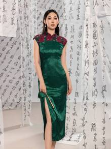 无袖蕾丝连接提花花卉图案开叉大腿新款中式旗袍旗袍连衣裙 - 墨綠色 - 查看 6