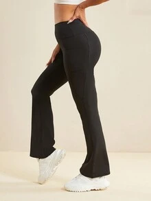 3 件套女式高腰口袋瑜伽裤，休闲运动喇叭腿紧身裤，修身收腹舞蹈裤 - 黑色 - 查看 3