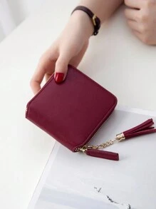 CHARM INFINITE Dompet Pendek Wanita Baru Bentuk Persegi Sederhana dengan Resleting, Multifungsi, Modis untuk Koin (Rumbai di Dalam Kantong Koin) untuk Wanita, Dompet Kecil - Burgundy - View 8