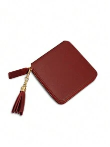 CHARM INFINITE Dompet Pendek Wanita Baru Bentuk Persegi Sederhana dengan Resleting, Multifungsi, Modis untuk Koin (Rumbai di Dalam Kantong Koin) untuk Wanita, Dompet Kecil - Burgundy - View 3