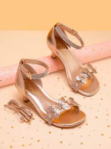 Girls Lace Up Low Heel Sandals For Girls Ankle Strap Dress Pump Strappy Gladiator Wedding Party Shoes Rhinestones Butterfly For Little Kid/Big Kid - 香檳色 - 查看 1