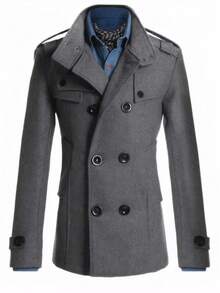 Abrigo de tweed con solapa y doble botonadura para hombre de negocios, de estilo británico de color sólido bolsillos dobles Slim gabardina chaqueta, otoño e invierno cálido abrigo de manga larga marido urbano - Gris - Ver 7