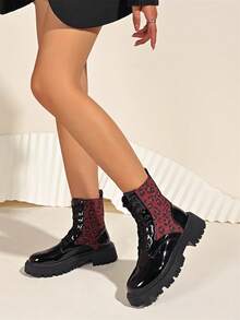 Giày bốt thường ngày họa tiết da báo cho nữ, khóa kéo bên hông, buộc dây, đế mềm, cổ cao, giày đi bộ đế dày, mũi tròn, bốt mùa đông thoải mái, mùa thu - Đỏ - Xem 3