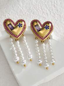 2 piezas Nuevos pendientes de gota larga con diseño de pentágono y pendientes de borla con forma de corazón y perla falsa blanca, elegantes y dulces, regalo para San Valentín, mamá, Día de la Madre