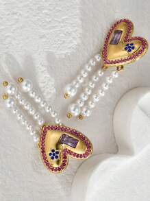 2 piezas Nuevos pendientes de gota larga con diseño de pentágono y pendientes de borla con forma de corazón y perla falsa blanca, elegantes y dulces, regalo para San Valentín, mamá, Día de la Madre