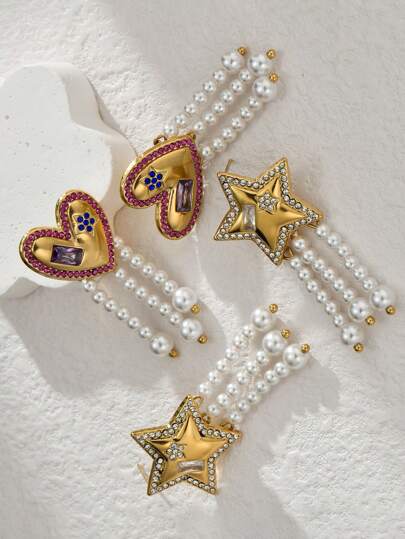 2 قطعة طرف من القرط المنسدل العنقودي ذو الشكل الخماسي النجمي, قرط متدلٍ به لؤلؤة بيضاء وشرابات قلبية شكل, أنيق وجميل للفتيات، هدية عيد الأم أو عيد الحب