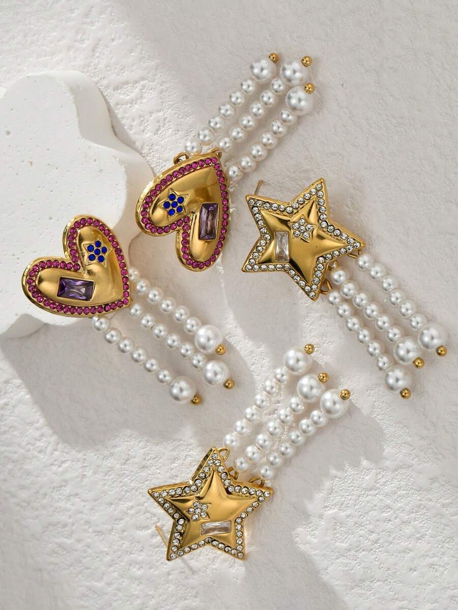 2 piezas Nuevos pendientes de gota larga con diseño de pentágono y pendientes de borla con forma de corazón y perla falsa blanca, elegantes y dulces, regalo para San Valentín, mamá, Día de la Madre