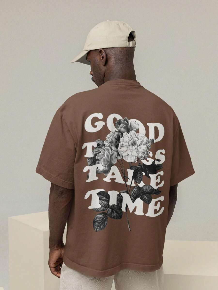 Men's Oversized T-Shirt 100% Premium Cotton Good Time Streetwear Shirt - 鏽棕色 - 查看 1