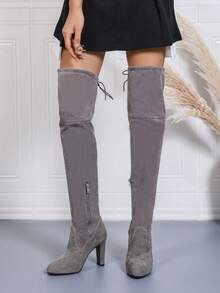 Giày bốt cao đến đầu gối co giãn thời trang thu/đông mới cho nữ, gót nhọn, cỡ nhỏ, bốt cao đến đùi cỡ lớn, bốt cao thiết kế đơn giản, hoàn thiện mờ, có khóa kéo bên hông - Xám - Xem 2