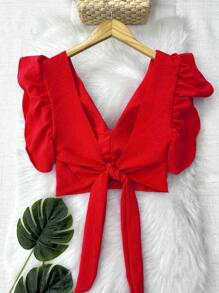 Cropped Blouse With Padding And Tied At The Back, Women's Fashion - Red - View 2