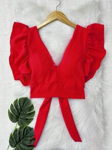 Cropped Blouse With Padding And Tied At The Back, Women's Fashion - Red - View 1