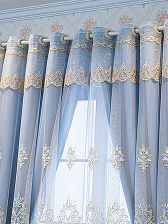 1 st europeisk minimalistisk stil blå fransk spetsbroderad lyxig präglad skir voilegardin, broderad tygskuggning, värmeisolering