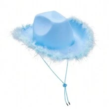 Adjustable Chin Strap Cowboy Hats Cowgirl Hat With Scarf For Women Girls Cowboy Costume Theme Party - 藍色毛邊銀絲 - 查看 2