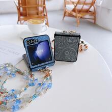 手机饰品 3 件套折叠屏手机壳，配串珠肩带，新款刺绣皮革纹理手机套，节日礼物，适合 FLIP3/FLIP4/FLIP5/FLIP6 - 灰色 - 查看 7