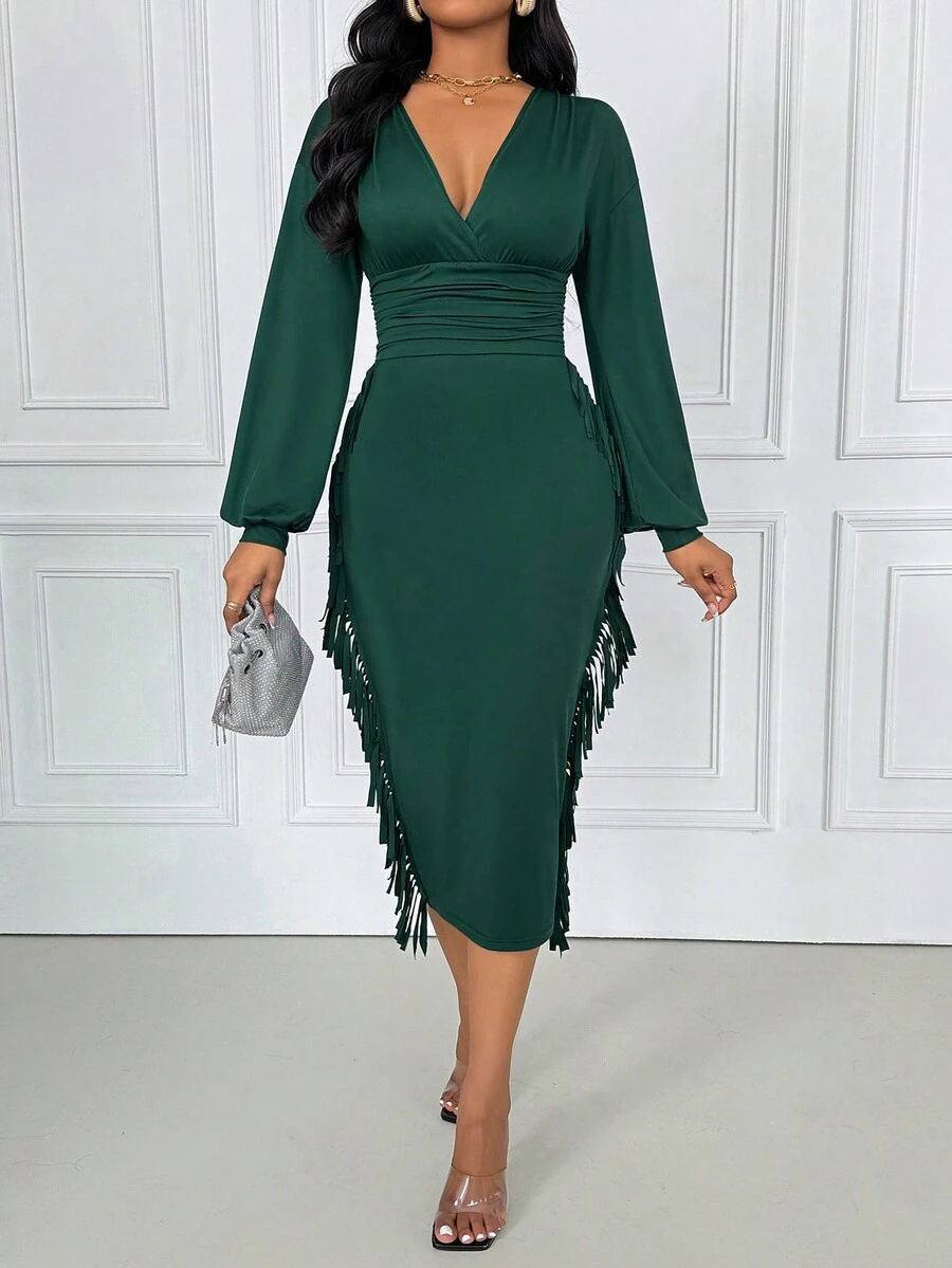 Women Elegant Solid Color Fitted Deep V-Neck Midi Dress With Tassel Trim - Dark Green - View 1