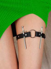 3 件装朋克风格 PU 皮革过膝吊袜带带铆钉哥特式主题剑配件适合角色扮演角色扮演配件 - 黑色 - 查看 2