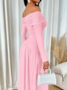 abyoxi Nuevo vestido largo elegante para mujer de manga larga, con hombros descubiertos, plisado, cintura asimétrica y unicolor, para fiestas y citas en primavera/verano