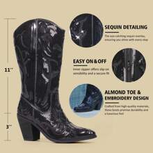 Women's Sequin Mid Calf Western Cowboy Boots High Fashion Pull On Zipper Pointed Toe Embroidered Tall Cowgirl Boots Fall Winter Red  Heels Christmas Halloween Party Shoes Women - Black - View 4