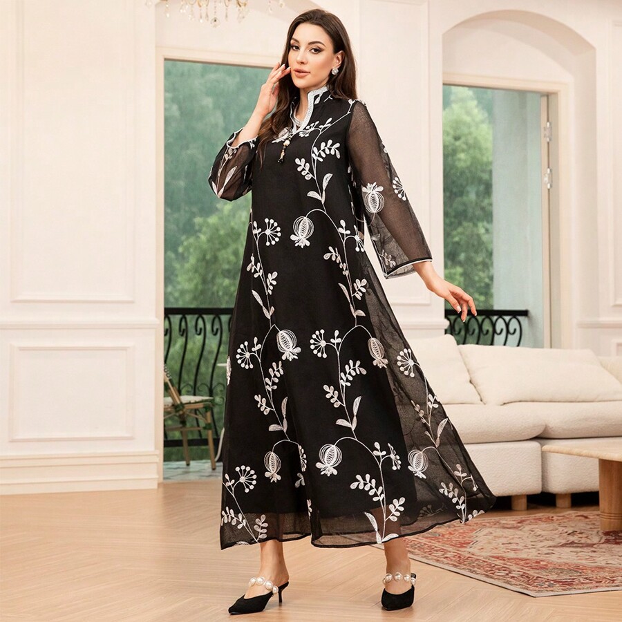 2025 New Modest Dress, Floral Embroidery Mesh Long Sleeve Modest Dress