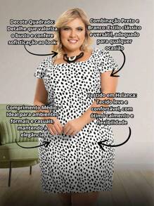 Vestido Preto e Branco Decote Quadrado Manga Curta Plus Size - Preto e Branco - Visão 3