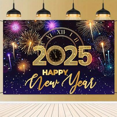 1 件，2025 新年快乐派对背景布 - 涤纶纤维烟花背景，节日庆祝墙壁装饰