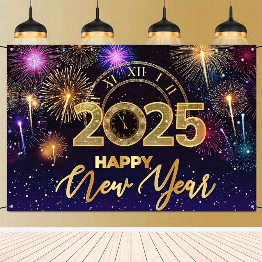 1件 2025新年派對背景布 聚酯纖維煙火背景 節日慶祝牆面裝飾 - 彩色 - 查看 1