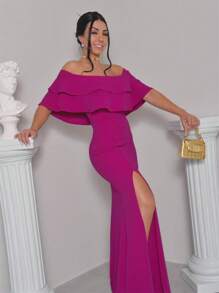 Formal Dress Off Shoulder Thigh Split Panty Dress Up Lurex Fabric - 紫色 - 查看 1