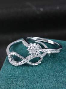 2 chiếc nhẫn tròn Cubic Zirconia Micro-Pave biểu tượng vô cực đơn giản thời trang, phù hợp cho phụ nữ, quà tặng ngày lễ cho người lớn tuổi vào ngày lễ Tạ ơn - Bạc - Xem 2