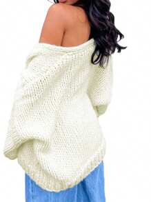 Female Sweater, Contrast Color/ Solid Color Long Sleeve Loose Knitted Cardigan For Fall Winter - White - View 4