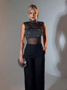 Tank Top Bodysuit With Shiny Rhinestone Applique - màu đen - Xem 4