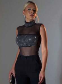 Tank Top Bodysuit With Shiny Rhinestone Applique - màu đen - Xem 2