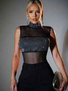Tank Top Bodysuit With Shiny Rhinestone Applique - màu đen - Xem 3