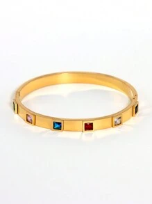 Bracelet rigide élégant plaqué or 18 carats en acier inoxydable avec cubic zirconia colorés, bijou pour femmes, style européen et américain, convient pour les occasions décontractées, les fêtes, les vacances, mariage, cadeau