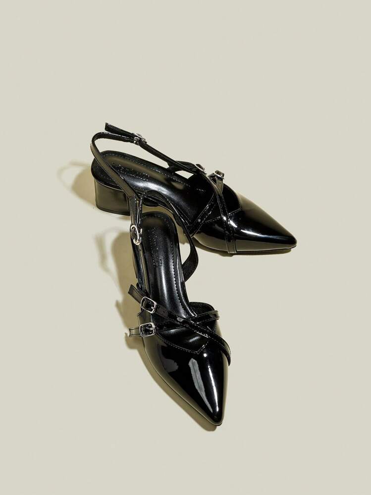 여성용 블랙 특허 가죽 뾰족 발끝 싱글 스트랩 굵은 힐 드레스 하이힐 펌프스 - 블랙 - 보기 6