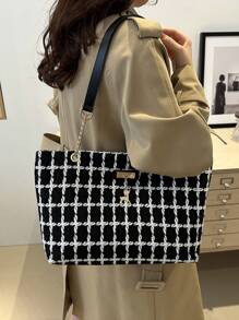 时尚大容量手提包，2024秋冬新款设计女包，适合上班通勤，复古链条装饰手提包，格纹图案 - 黑色 - 查看 5