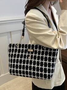 时尚大容量手提包，2024秋冬新款设计女包，适合上班通勤，复古链条装饰手提包，格纹图案 - 黑色 - 查看 4