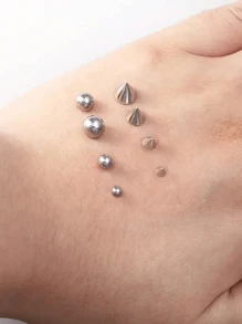 假肚脐、眉环、唇环、非穿孔耳环、假鼻环、新穿孔首饰、真皮锚顶套装 - 銀色 - 查看 5