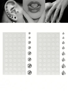 假肚脐、眉环、唇环、非穿孔耳环、假鼻环、新穿孔首饰、真皮锚顶套装 - 銀色 - 查看 4