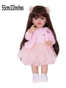 Búp bê em bé tái sinh 22 inch/55cm: Toàn thân bằng nhựa vinyl với mái tóc dài màu nâu, Đồ chơi trẻ sơ sinh cho bé gái, Đồ chơi công chúa đi kèm - Hồng - Xem 7