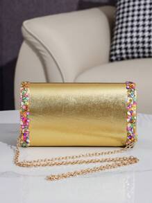 Túi cầm tay đính đá trang trí Gala PU Leather, Túi đeo vai, Túi xách dự tiệc tối cho nữ, Thời trang đa năng - Vàng - Xem 8